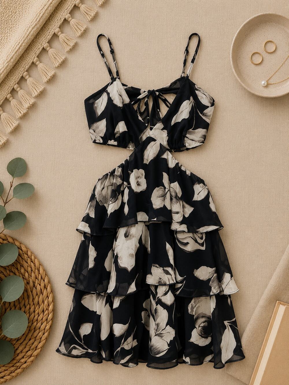NWT Abercrombie & Fitch Floral Tiered Cutout Mini Dress Black Romantic Size M